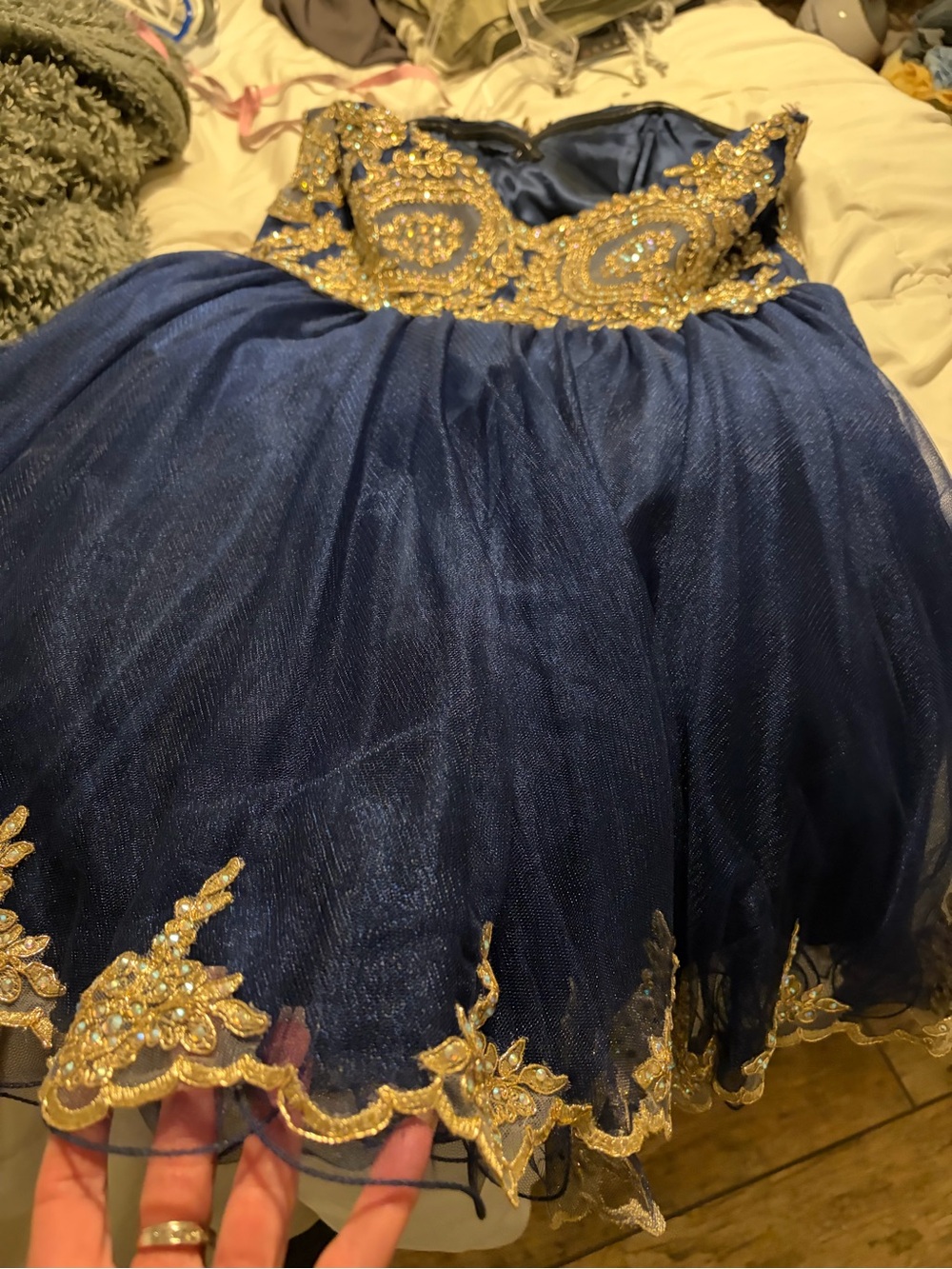 💙 Blush Navy Gold Beaded Corset Prom Hoco Dress Ladies Size 16 High Quality - Picture 9 of 12